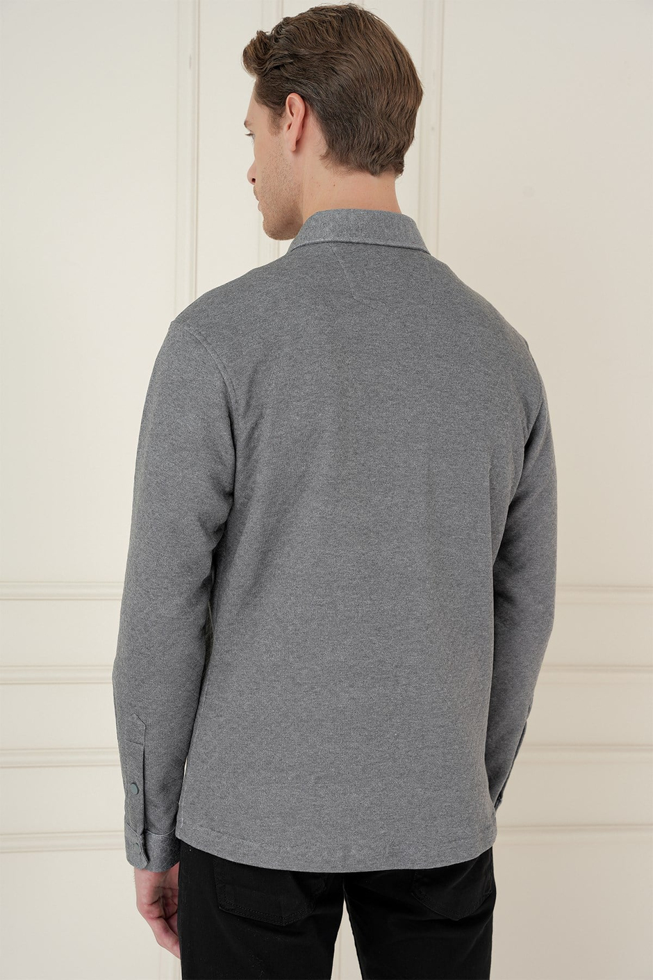 Slim Fit Yan Cepli Çıtçıtlı Kapitone Dokuma Gri Gömlek Ceket G 1581