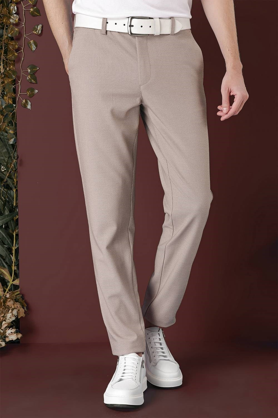 Slim Fit Yan Cepli Dokulu Esnek Bej Pantolon P 1139