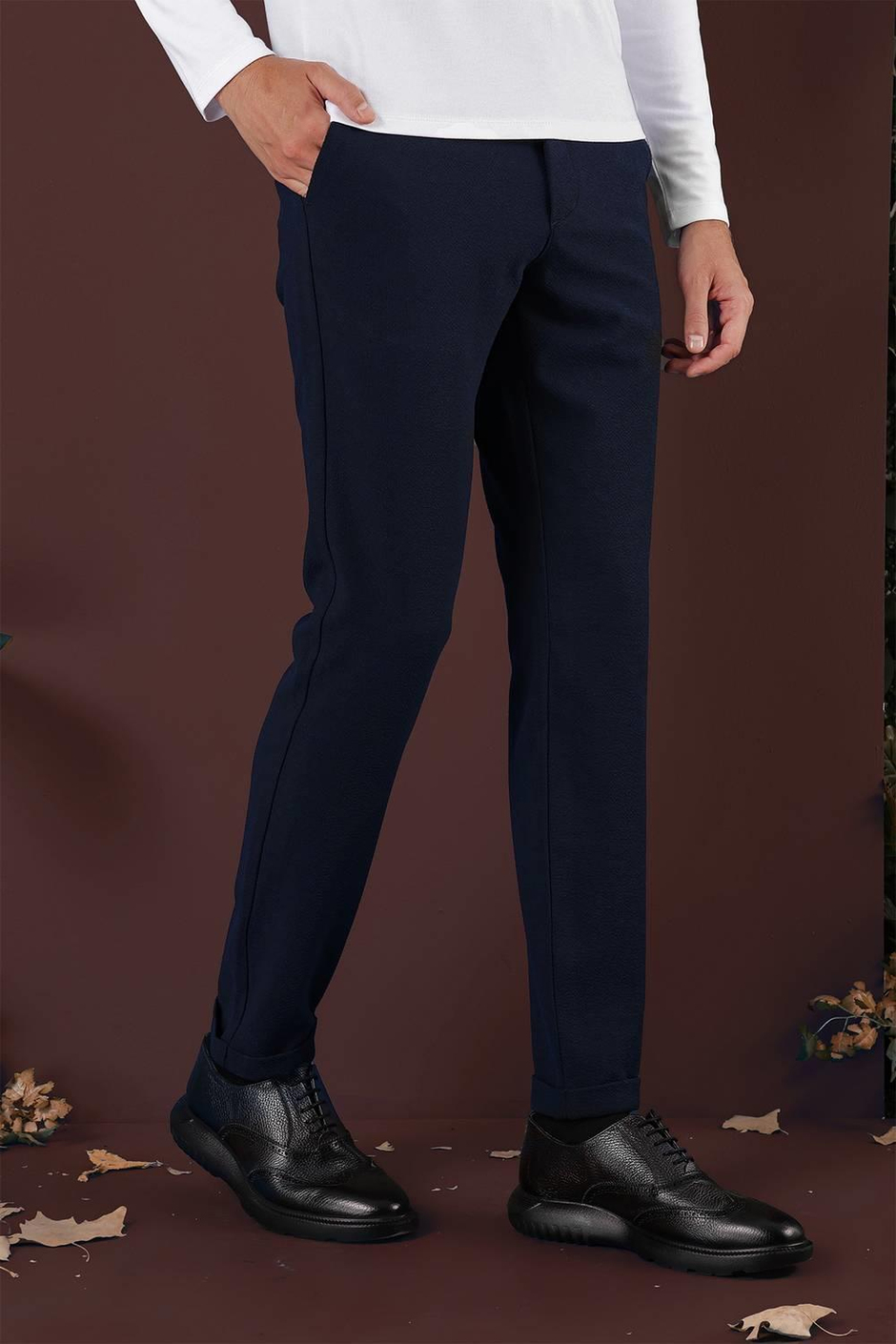 Slim Fit Yan Cepli Dokulu Esnek Lacivert Pantolon P 1139