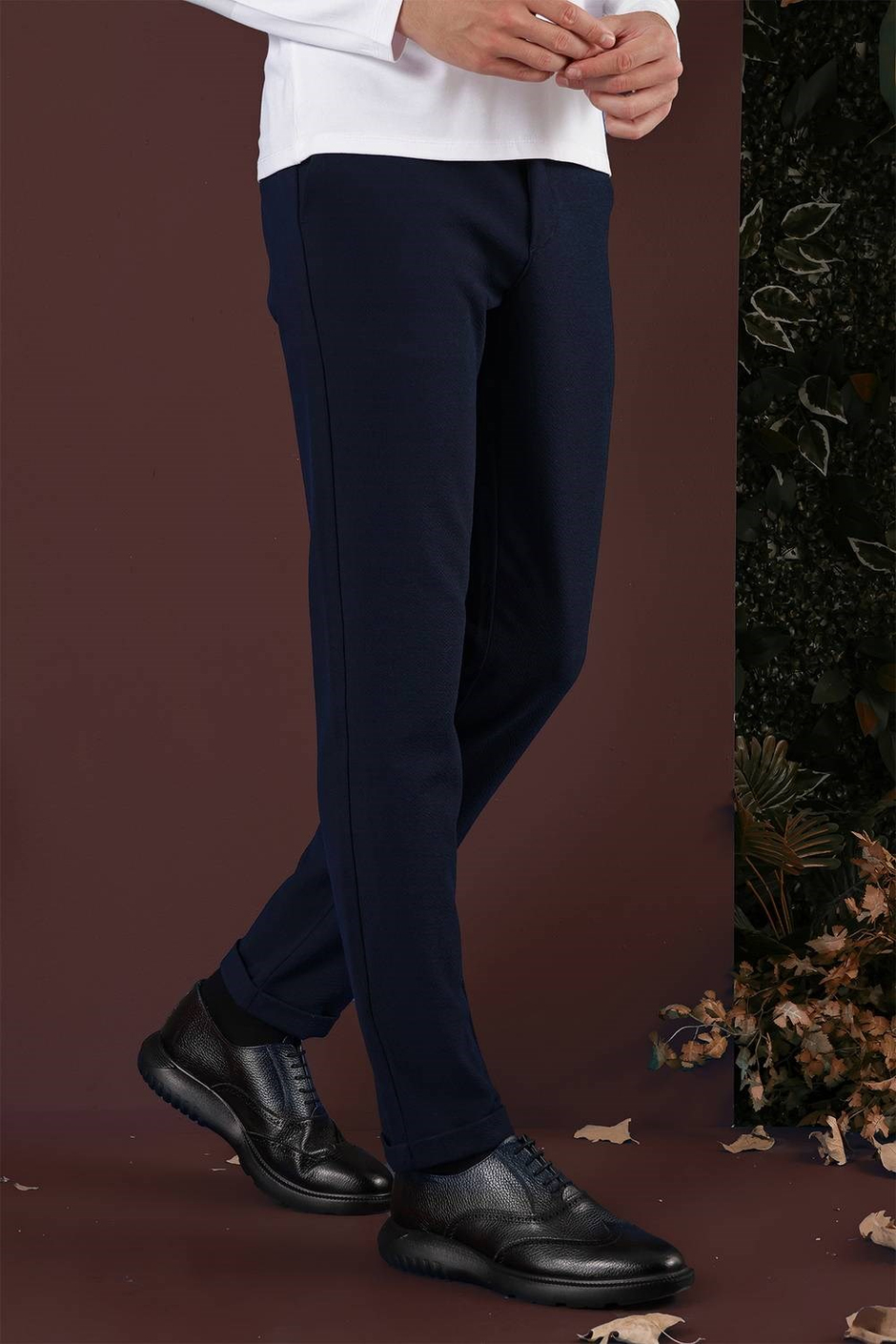 Slim Fit Yan Cepli Dokulu Esnek Lacivert Pantolon P 1139