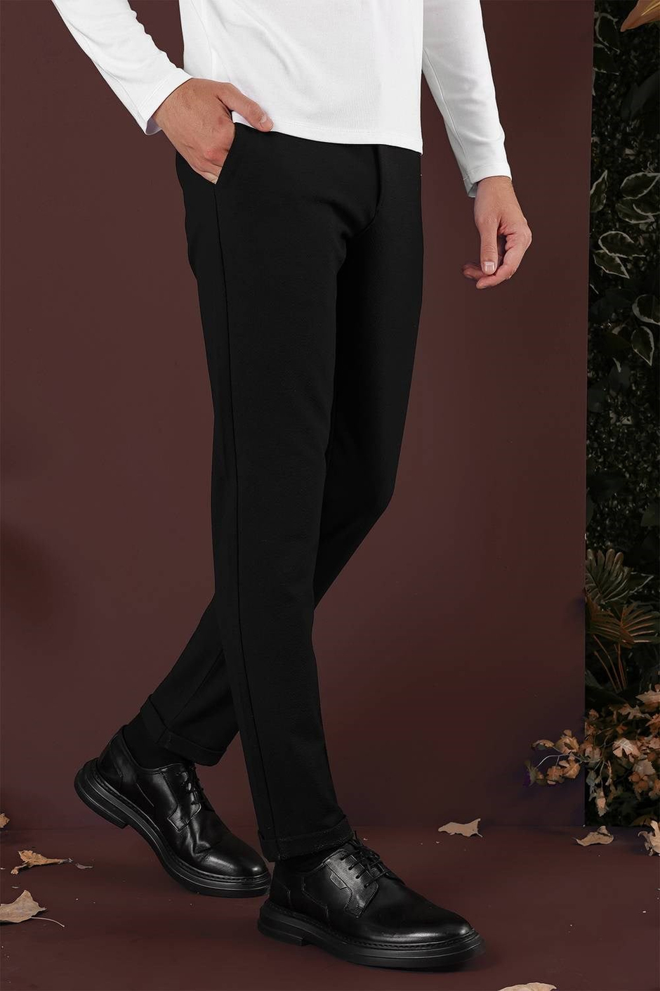 Slim Fit Yan Cepli Dokulu Esnek Siyah Pantolon P 1139