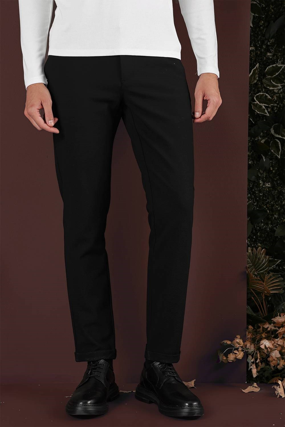 Slim Fit Yan Cepli Dokulu Esnek Siyah Pantolon P 1139