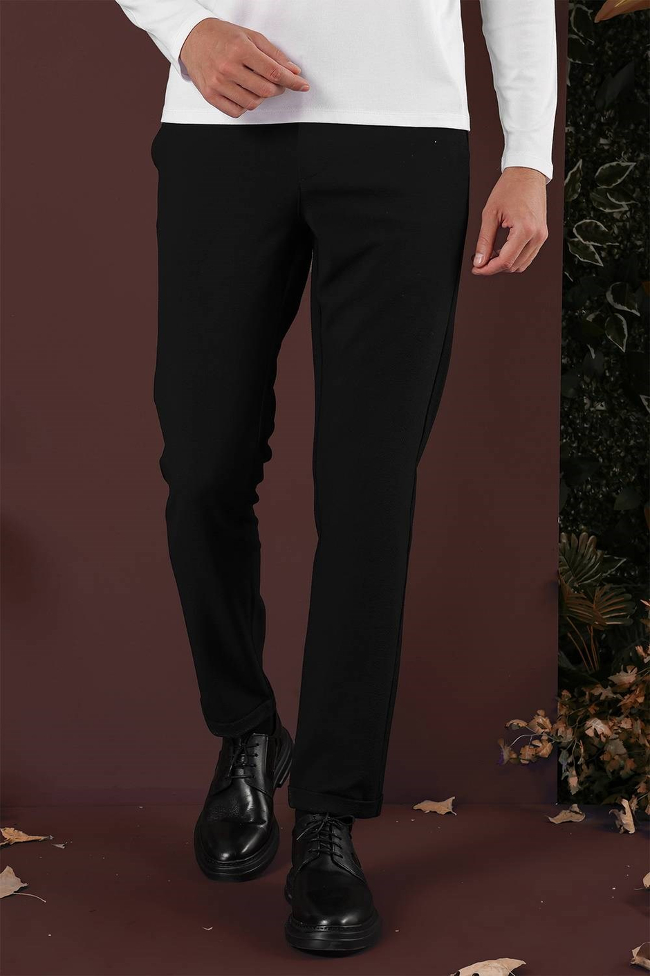 Slim Fit Yan Cepli Dokulu Esnek Siyah Pantolon P 1139