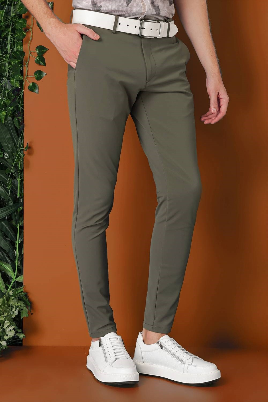 Slim Fit Yan Cepli Düz Esnek Pamuk Casual Nefti Pantolon P 1144
