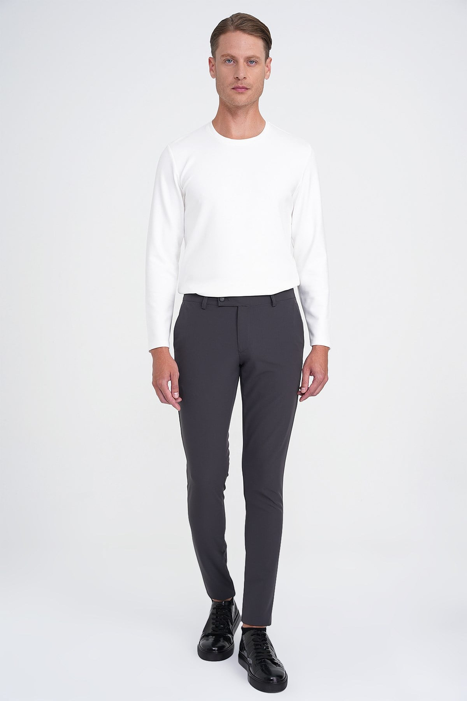 Slim Fit Yan Cepli Düz Esnek Pamuk Casual Antrasit Pantolon P 1144