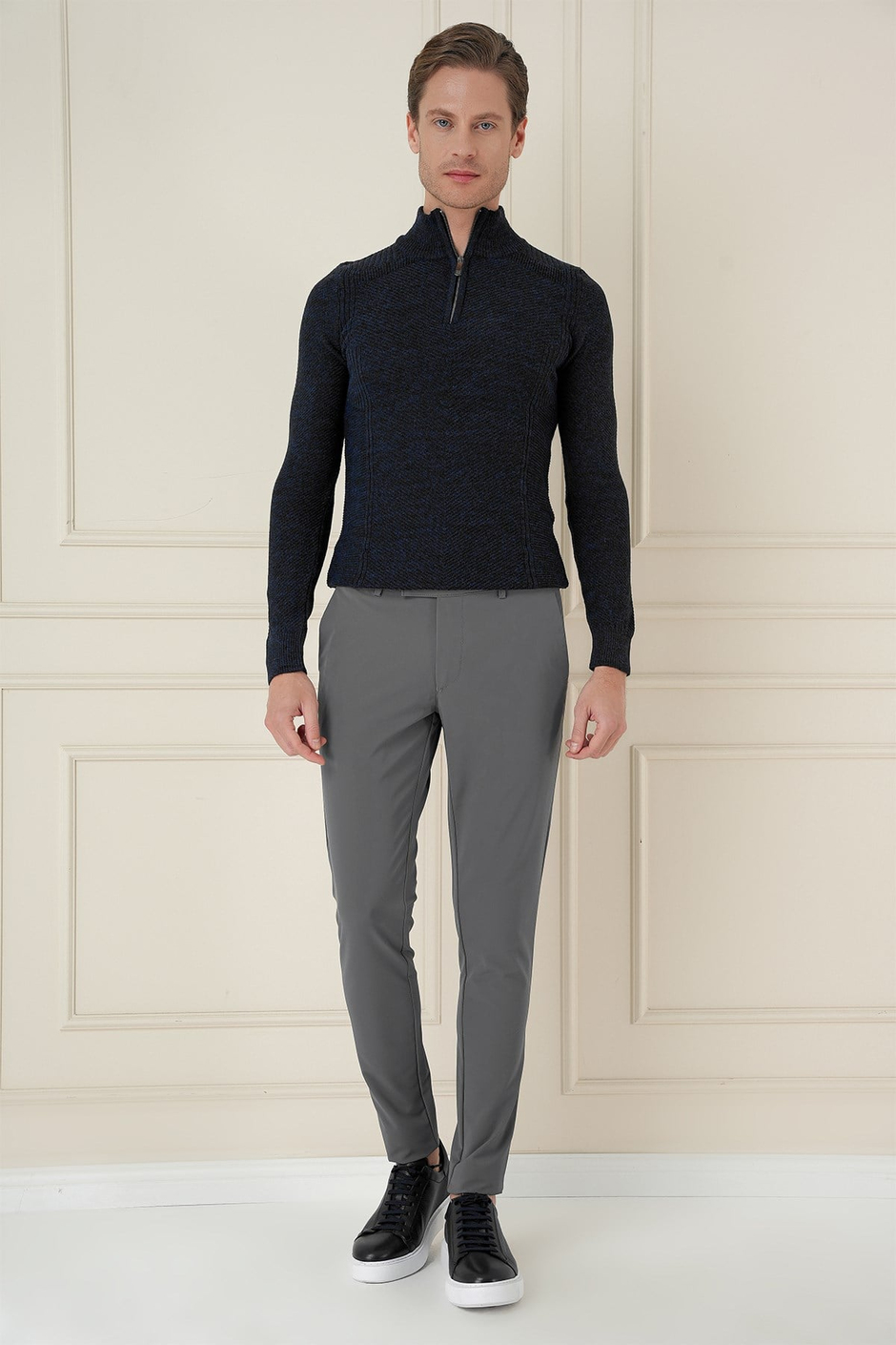 Slim Fit Yan Cepli Düz Esnek Pamuk Casual Füme Pantolon P 1144