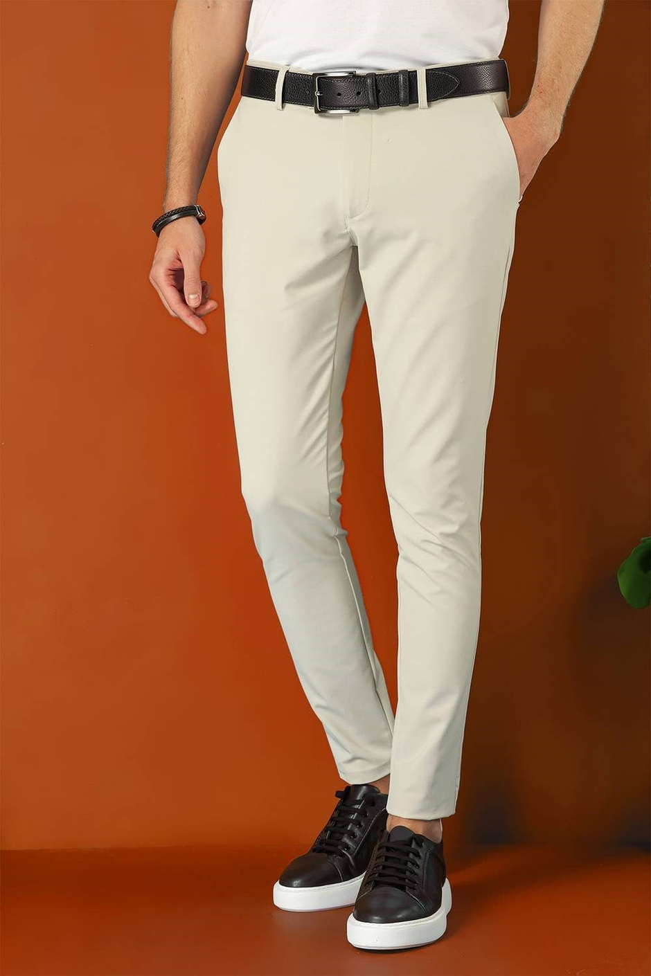 Slim Fit Yan Cepli Düz Esnek Pamuk Casual Taş Pantolon P 1144