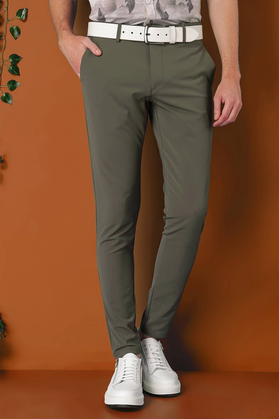 Slim Fit Yan Cepli Düz Esnek Pamuk Casual Nefti Pantolon P 1144