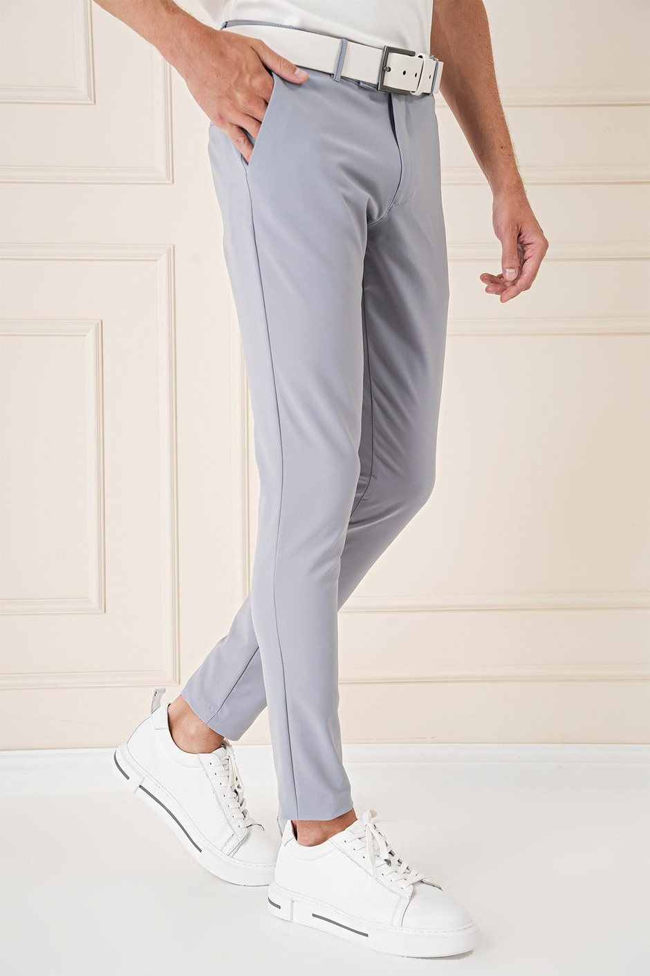 Slim Fit Yan Cepli Düz Esnek Pamuk Casual Gri Mavi Pantolon P 1144