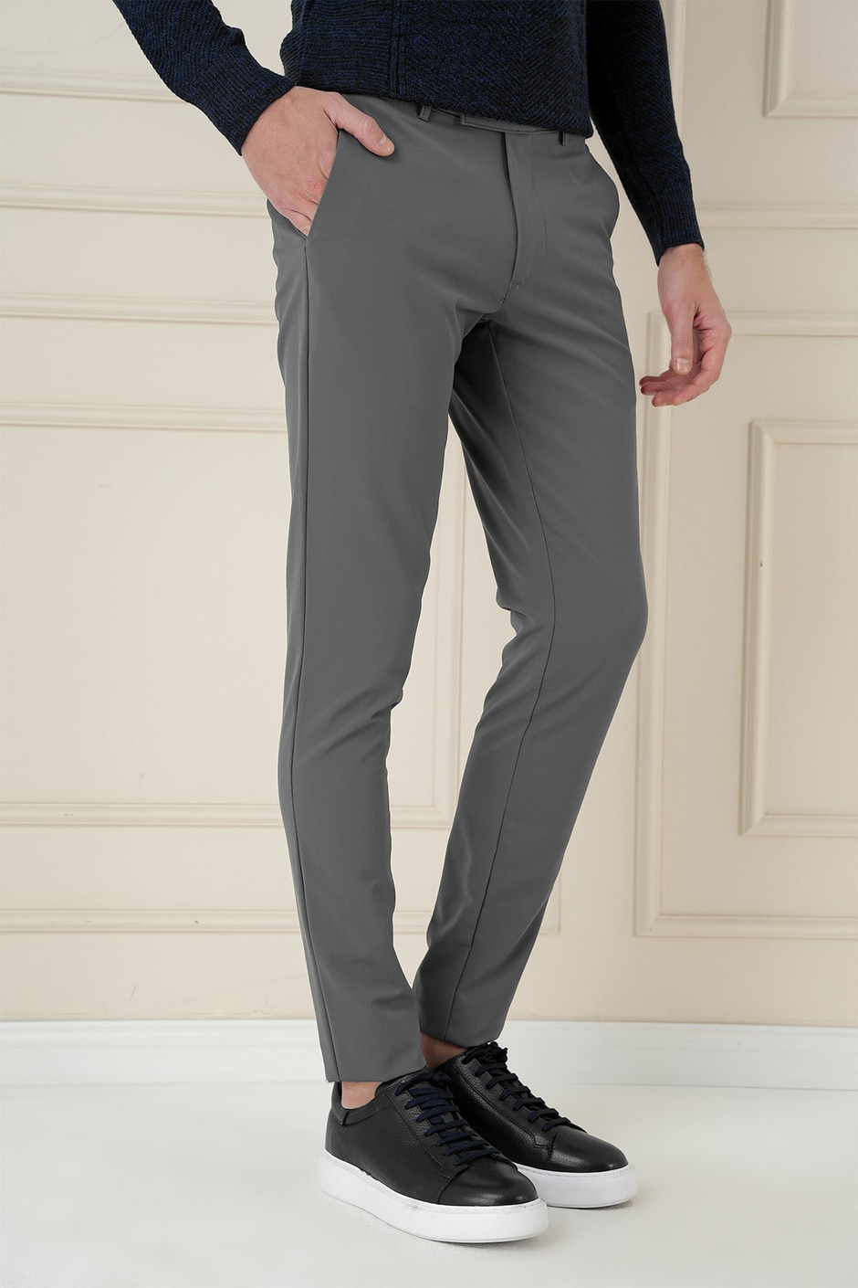 Slim Fit Yan Cepli Düz Esnek Pamuk Casual Füme Pantolon P 1144