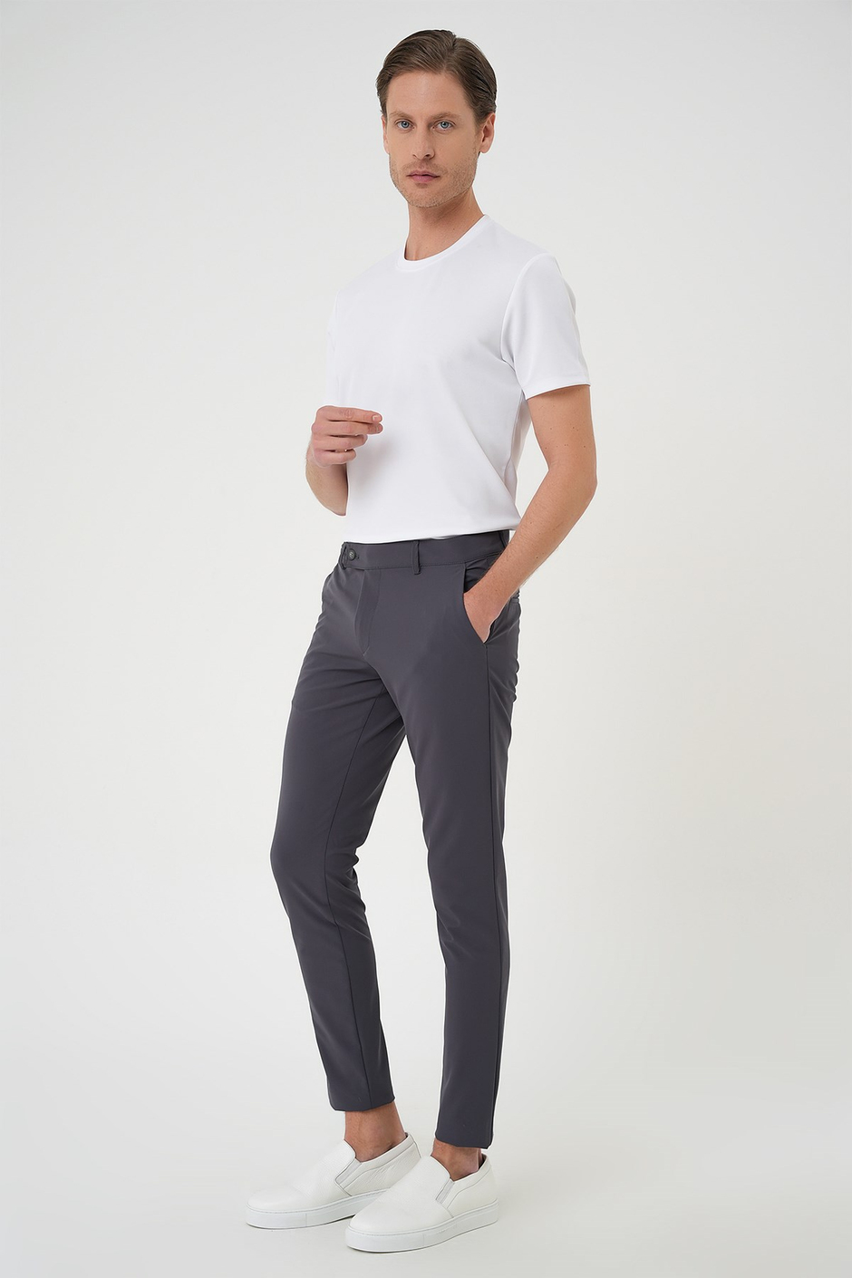 Slim Fit Yan Cepli Düz Esnek Pamuk Casual Koyu Füme Pantolon P 1144