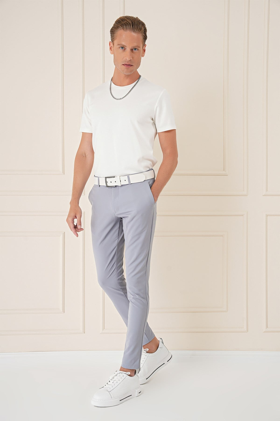 Slim Fit Yan Cepli Düz Esnek Pamuk Casual Gri Mavi Pantolon P 1144