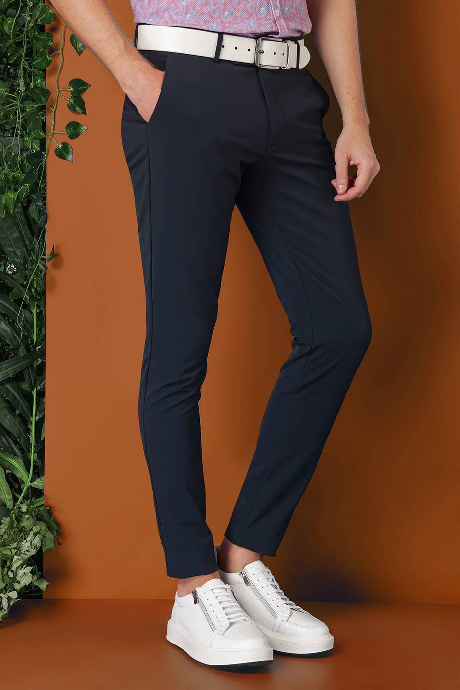 Slim Fit Yan Cepli Düz Esnek Pamuk Casual Lacivert Pantolon P 1144