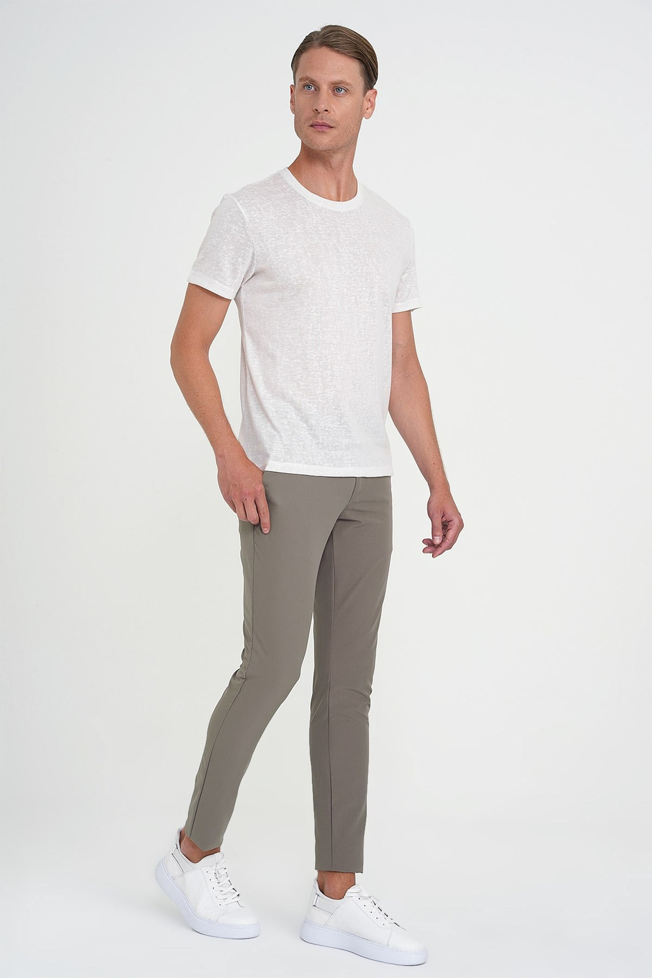 Slim Fit Yan Cepli Düz Esnek Pamuk Casual Vizon Pantolon P 1144