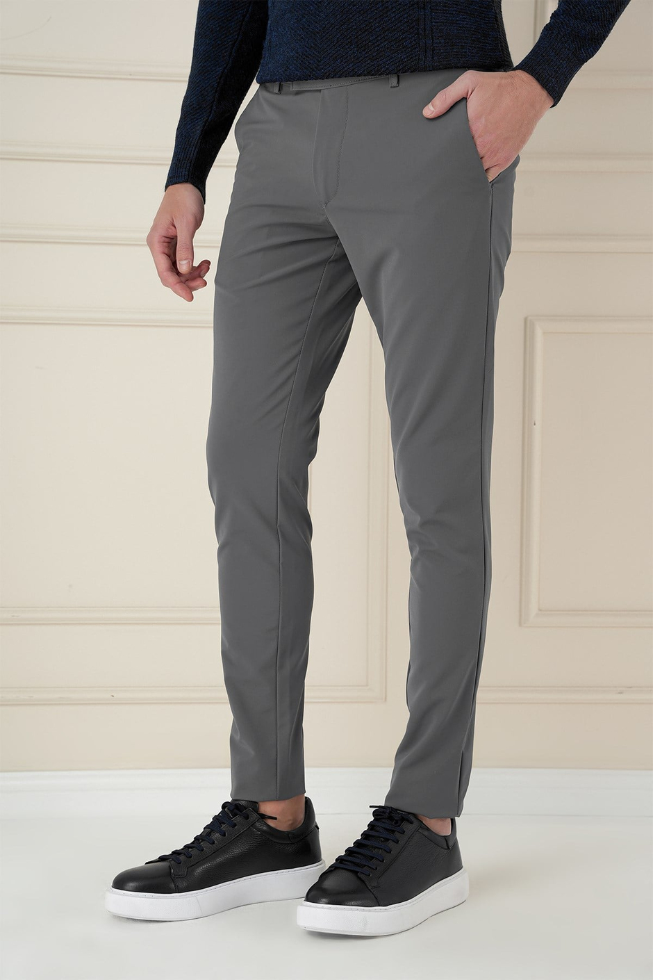 Slim Fit Yan Cepli Düz Esnek Pamuk Casual Füme Pantolon P 1144