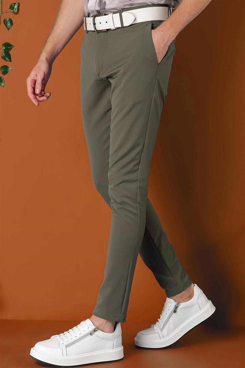 Slim Fit Yan Cepli Düz Esnek Pamuk Casual Nefti Pantolon P 1144