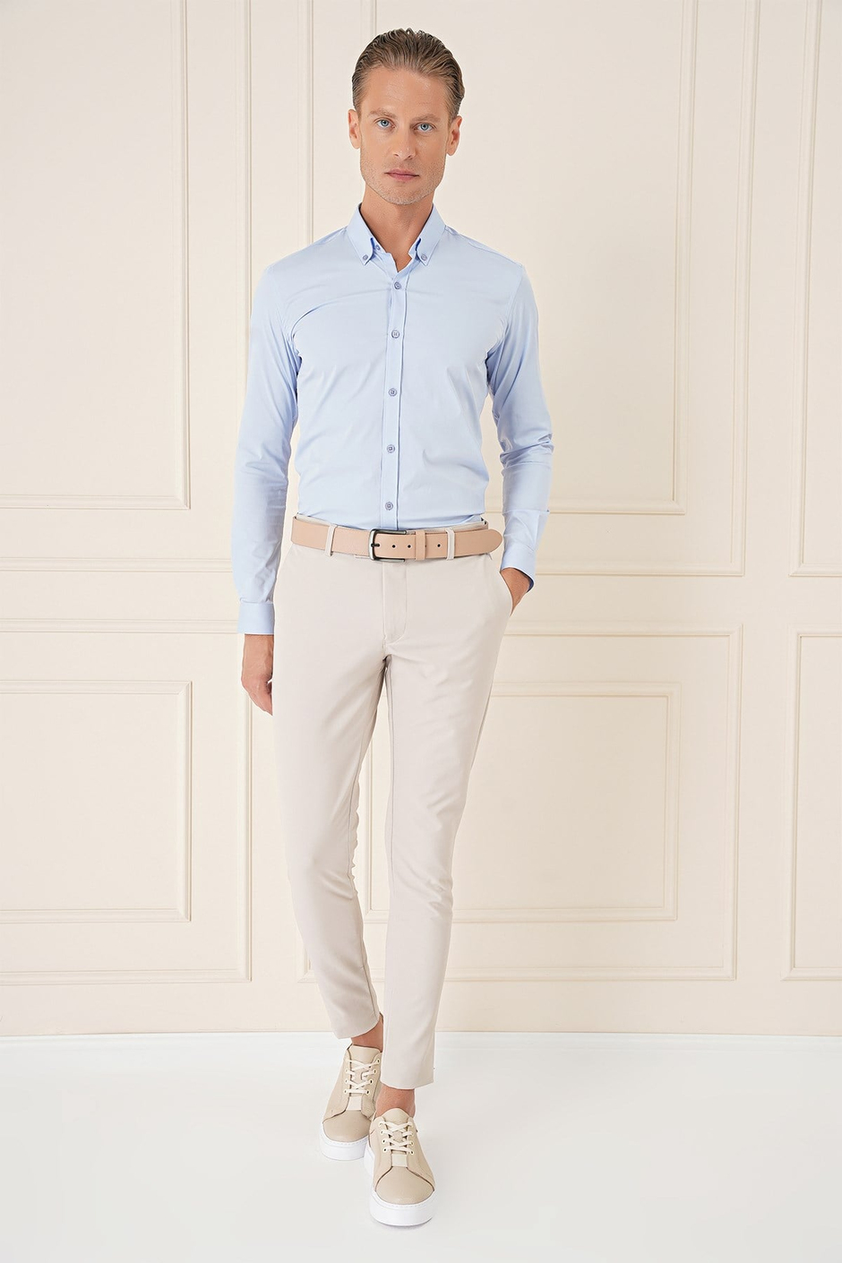 Slim Fit Yan Cepli Düz Esnek Pamuk Casual Kum Pantolon P 1144