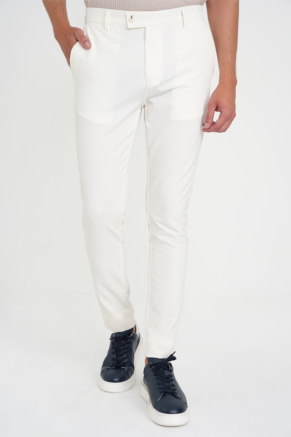 Slim Fit Yan Cepli Esnek Düz Beyaz Pamuk Pantolon P 1197