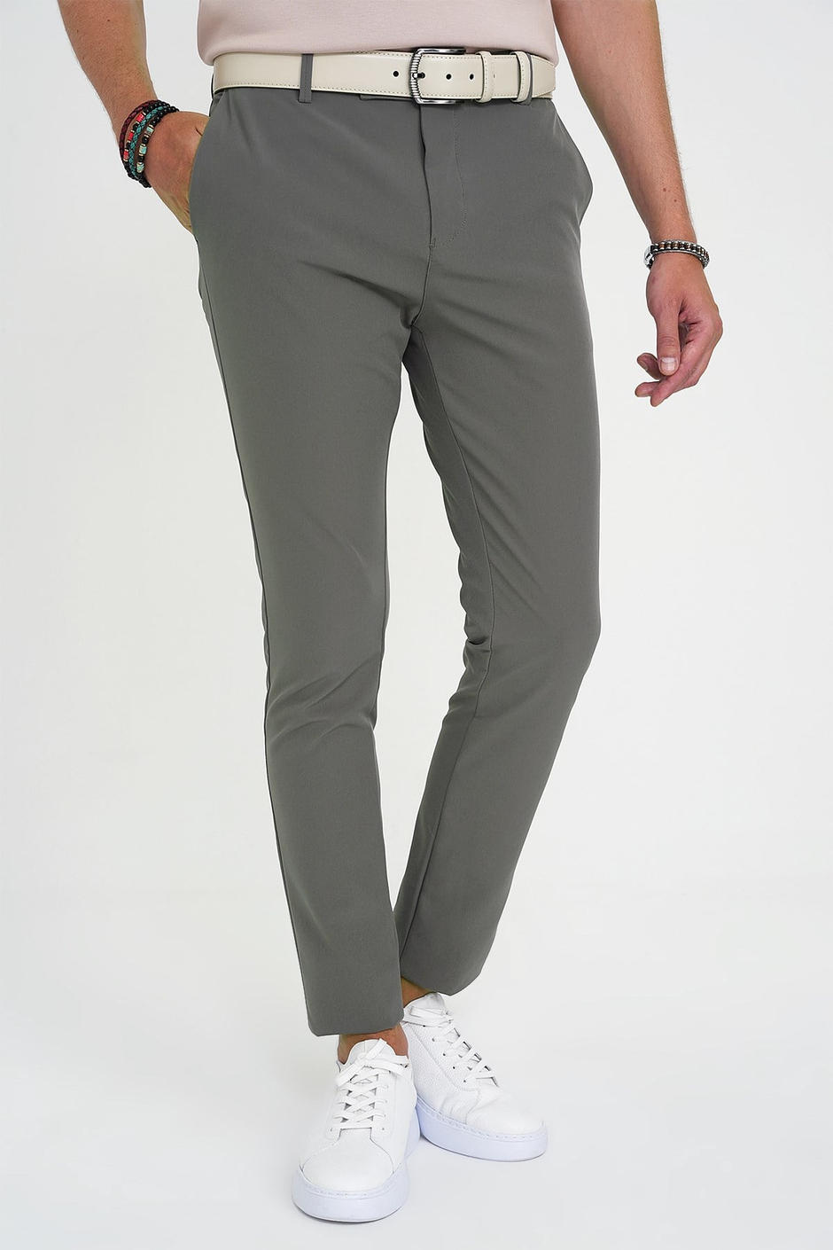 Slim Fit Yan Cepli Esnek Düz Haki Pamuk Pantolon P 1197