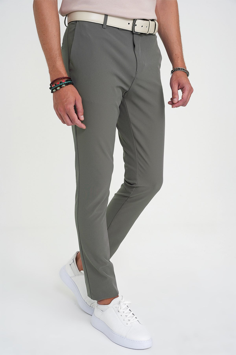 Slim Fit Yan Cepli Esnek Düz Haki Pamuk Pantolon P 1197