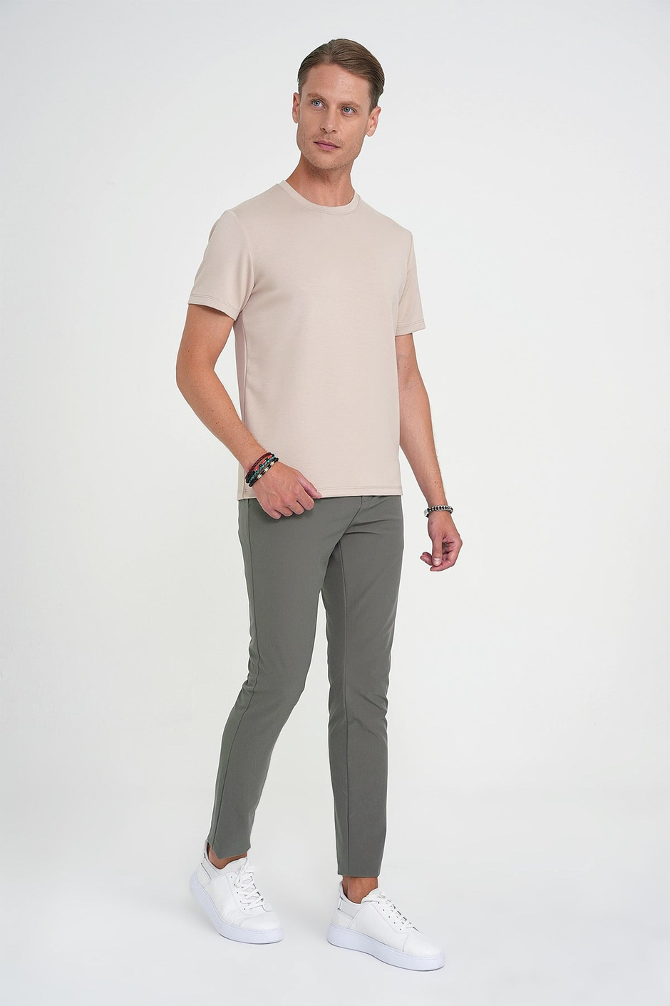 Slim Fit Yan Cepli Esnek Düz Haki Pamuk Pantolon P 1197