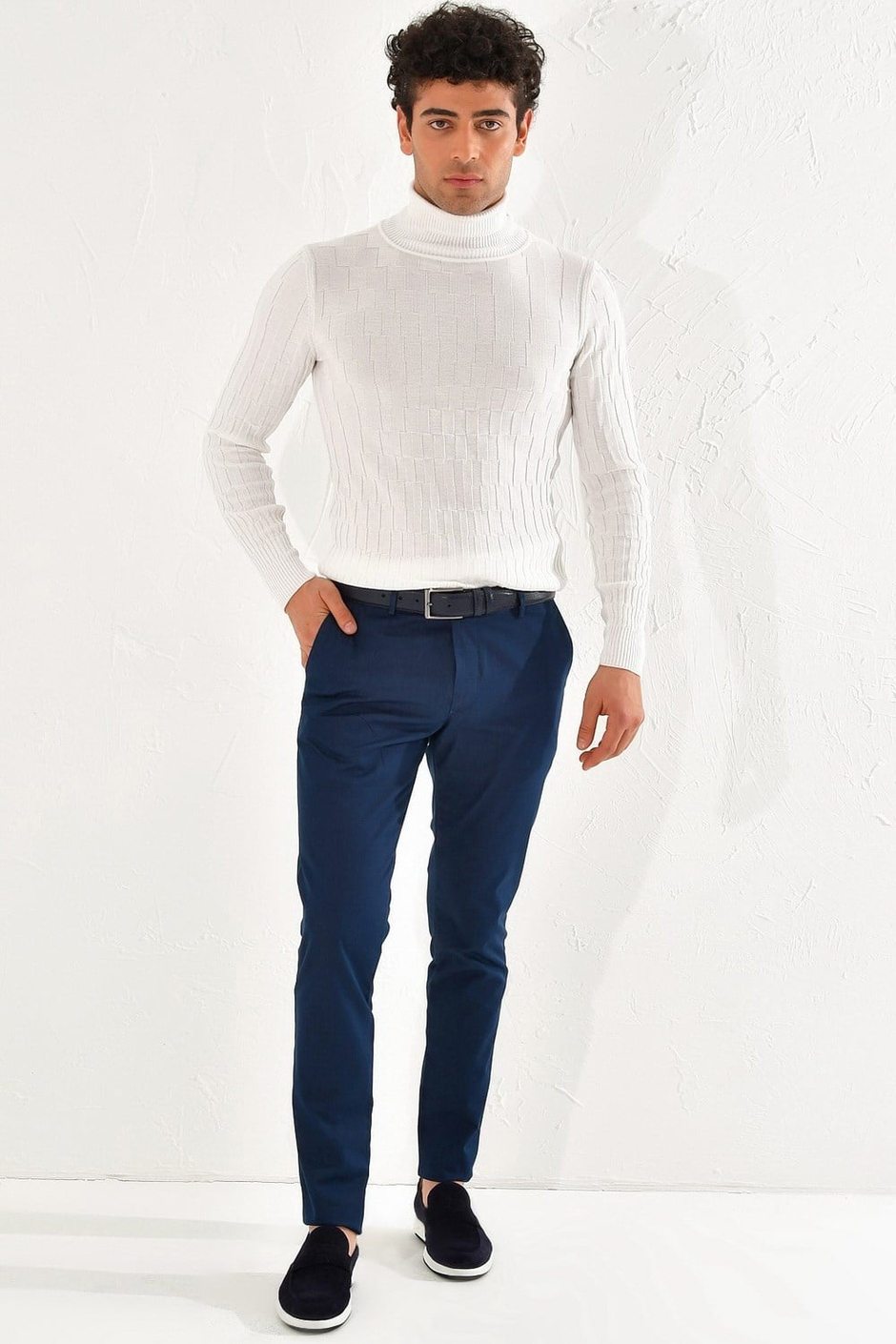 Slim Fit Yan Cepli Esnek Pamuk Tencel İndigo Chino Pantolon P 1070