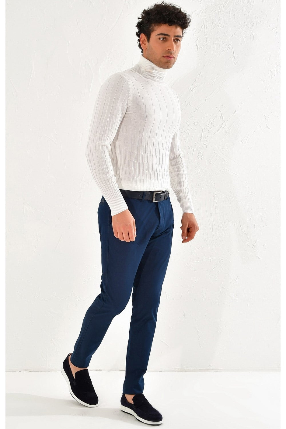 Slim Fit Yan Cepli Esnek Pamuk Tencel İndigo Chino Pantolon P 1070