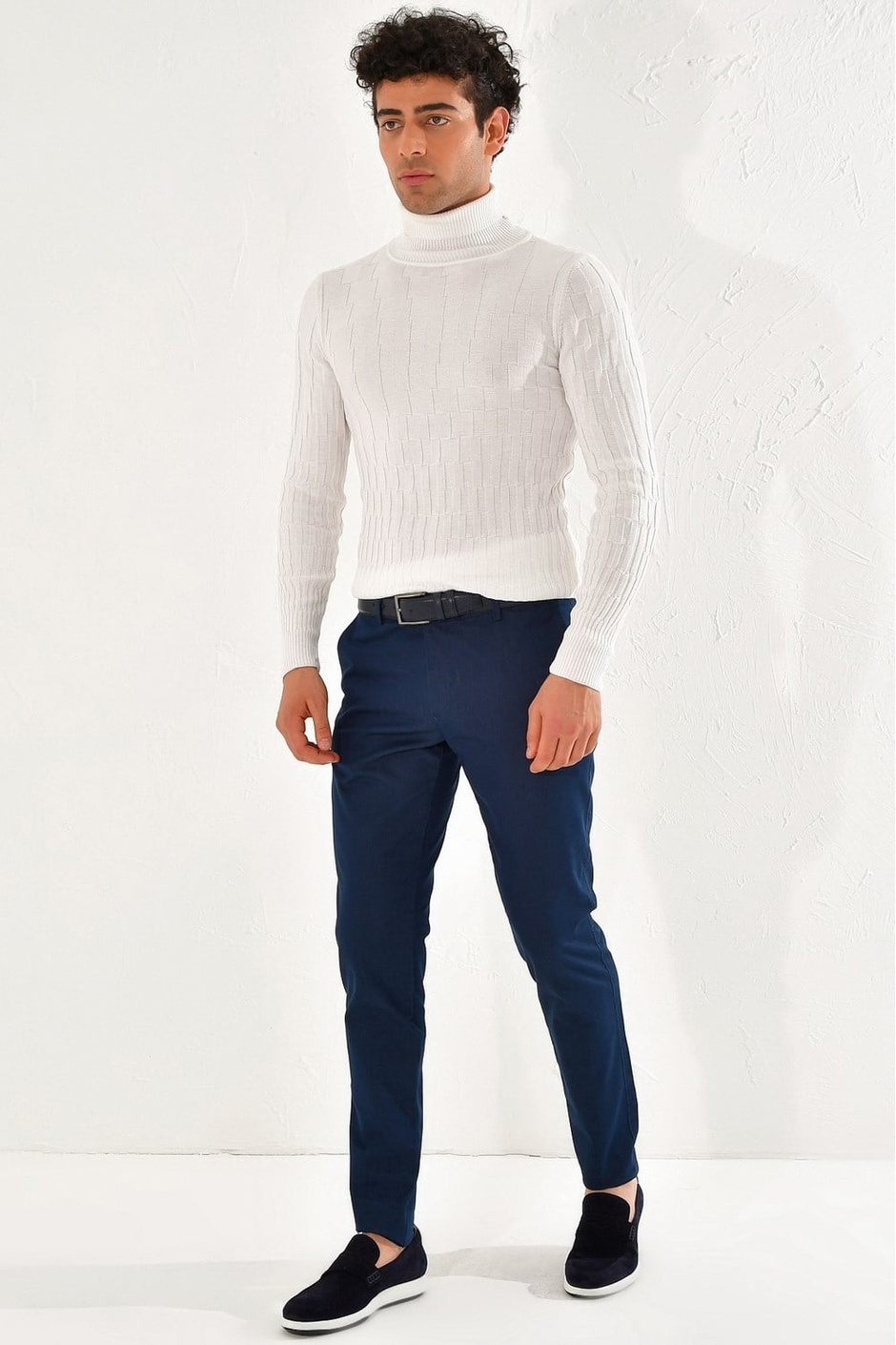 Slim Fit Yan Cepli Esnek Pamuk Tencel İndigo Chino Pantolon P 1070