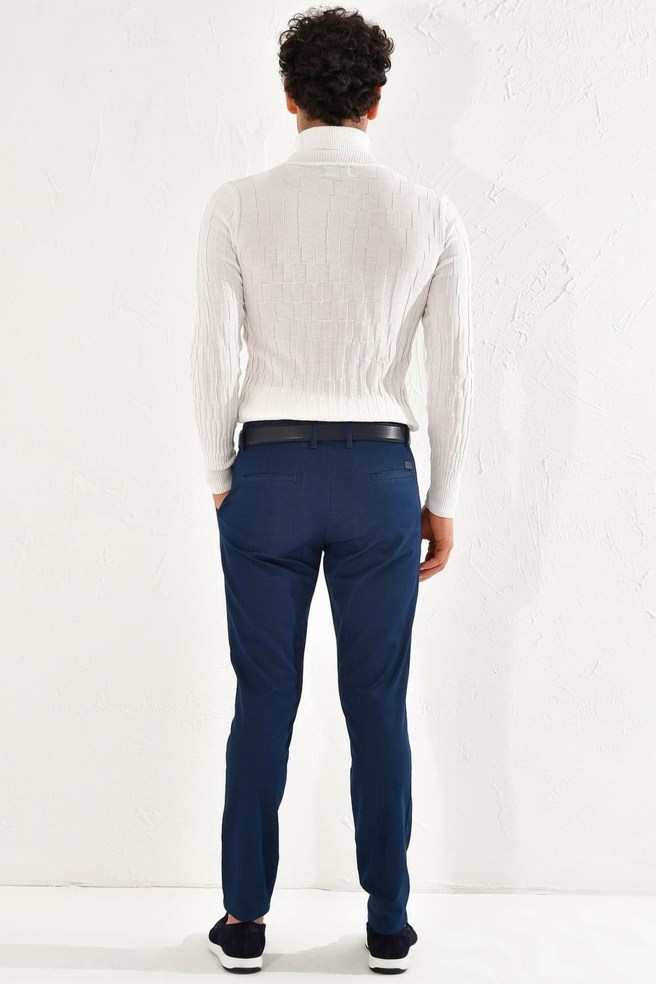 Slim Fit Yan Cepli Esnek Pamuk Tencel İndigo Chino Pantolon P 1070