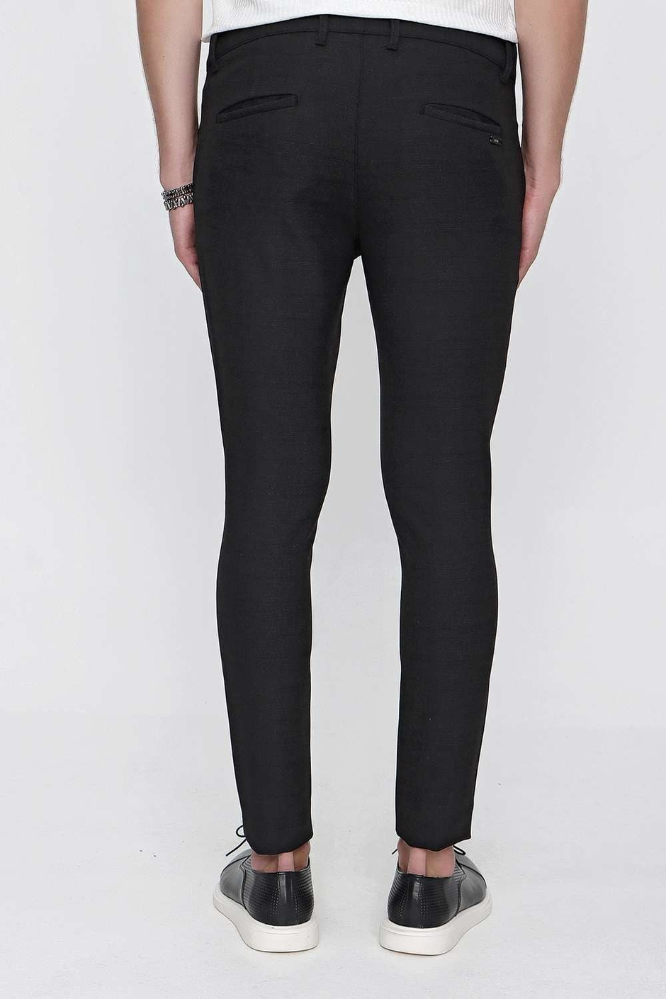 Slim Fit Yan Cepli Esnek Pamuklu Dokulu Siyah Kumaş Pantolon P 1096