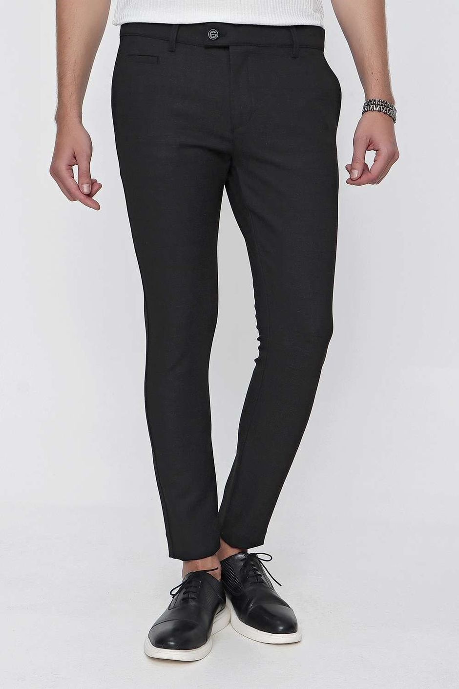 Slim Fit Yan Cepli Esnek Pamuklu Dokulu Siyah Kumaş Pantolon P 1096
