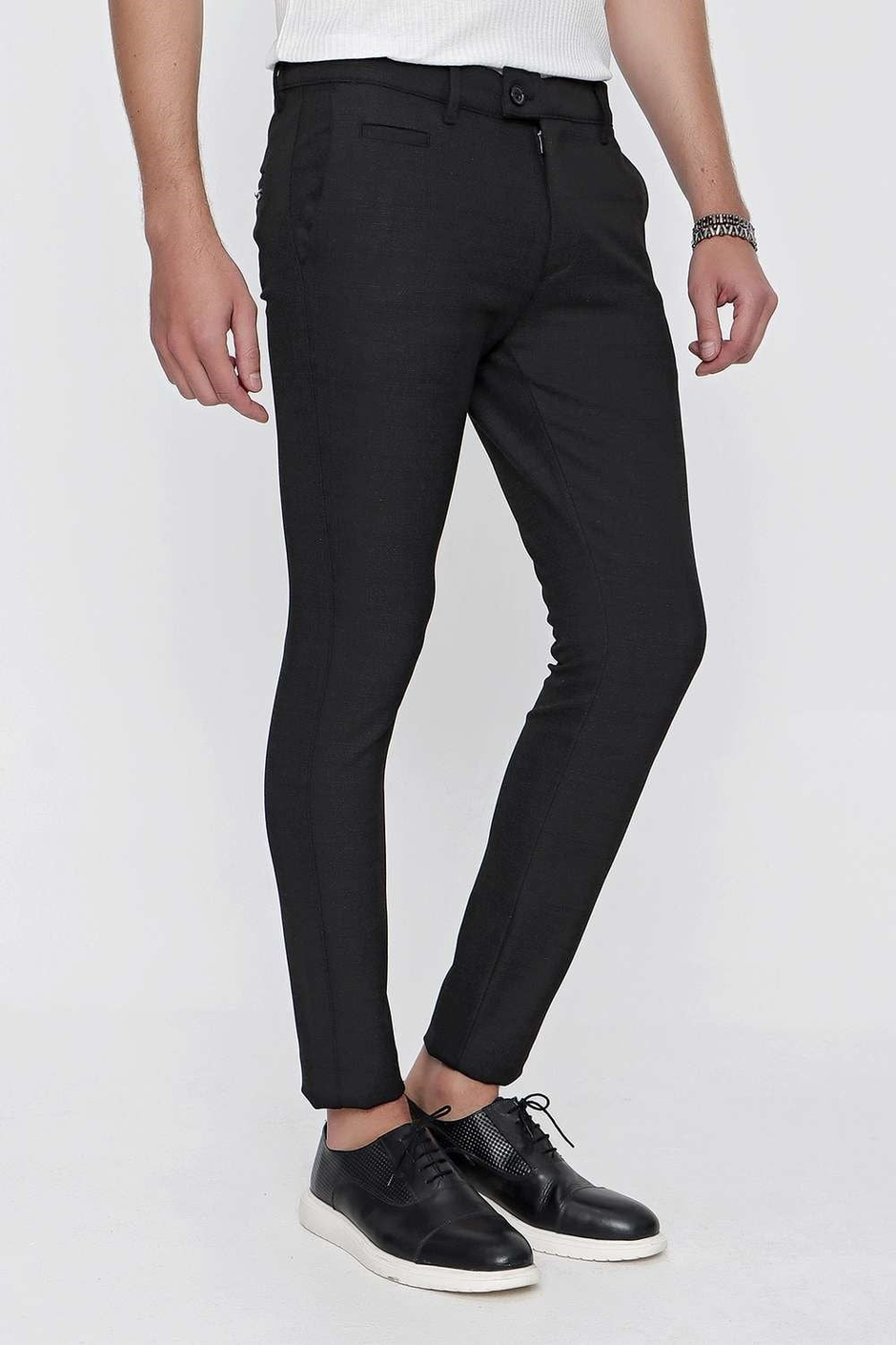 Slim Fit Yan Cepli Esnek Pamuklu Dokulu Siyah Kumaş Pantolon P 1096