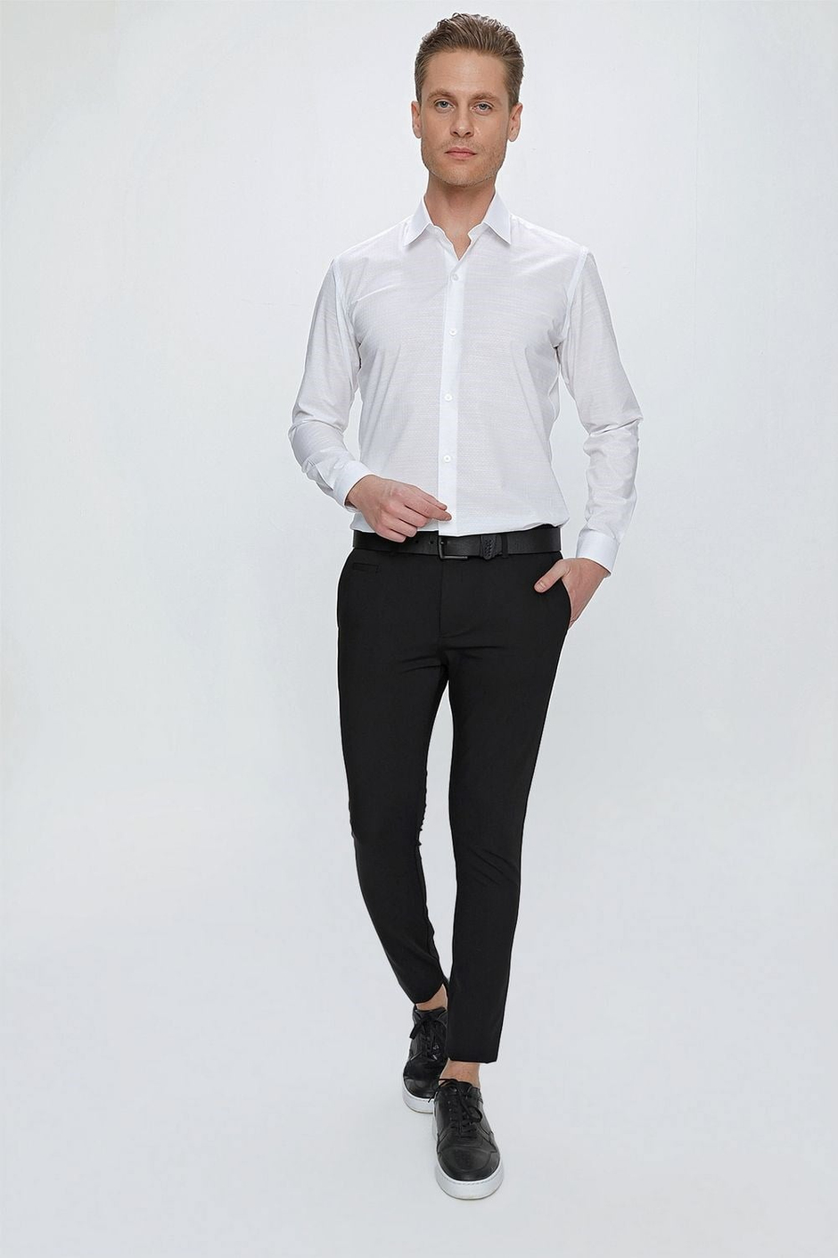 Slim Fit Yan Cepli Esnek Pamuklu Siyah Chino Pantolon P 1077