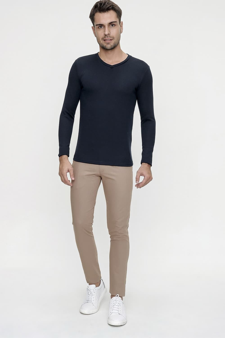 Slim Fit Yan Cepli Esnek Pamuklu Vizon Chino Pantolon P 1077