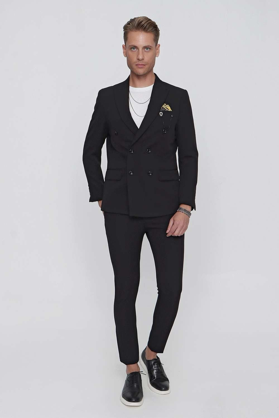 Slim Fit Yan Cepli Esnek Yünlü Siyah Pantolon P 1099