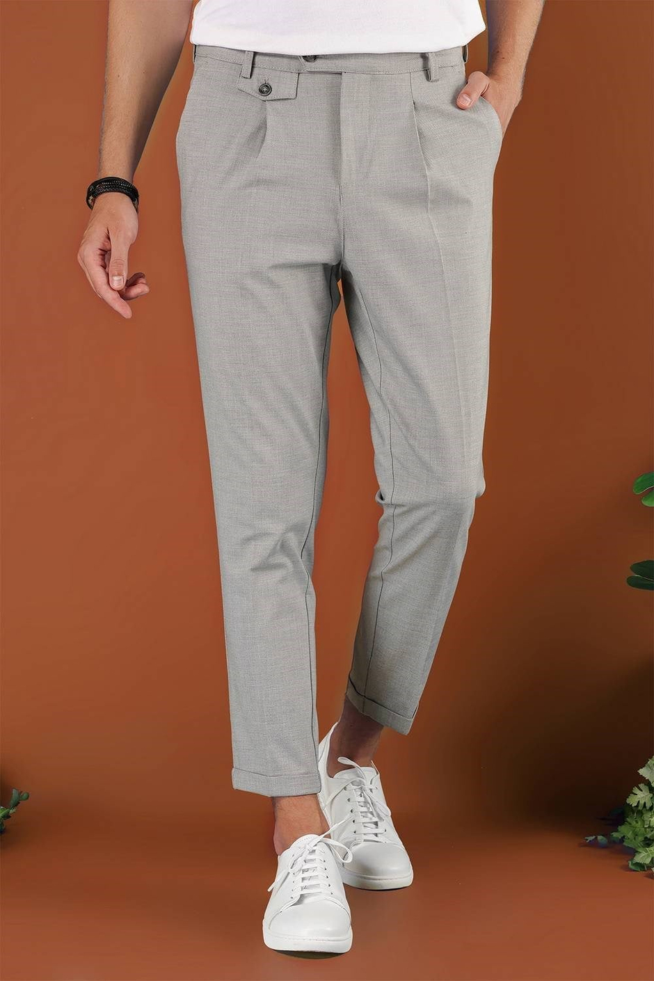 Slim Fit Yan Cepli Pileli Esnek Pamuk Gri Pantolon P 1119