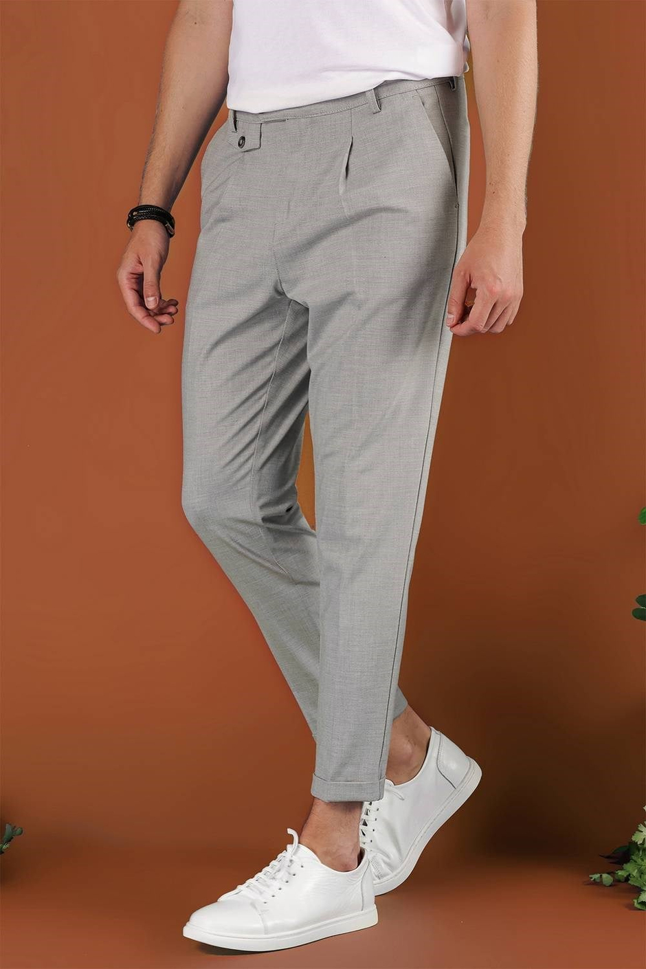 Slim Fit Yan Cepli Pileli Esnek Pamuk Gri Pantolon P 1119