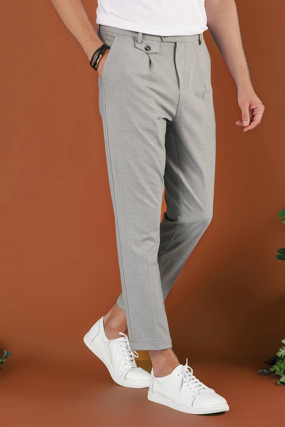 Slim Fit Yan Cepli Pileli Esnek Pamuk Gri Pantolon P 1119