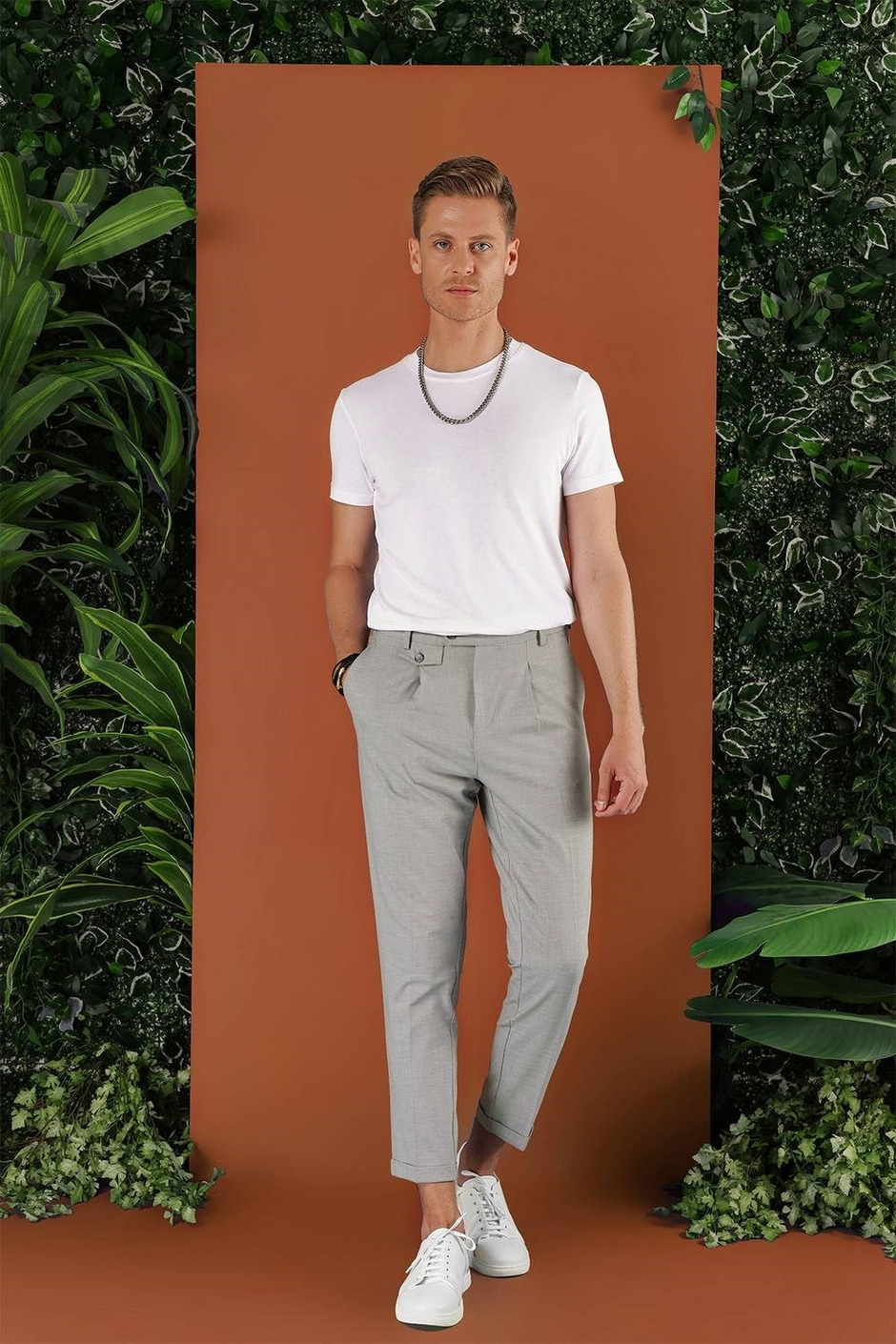 Slim Fit Yan Cepli Pileli Esnek Pamuk Gri Pantolon P 1119