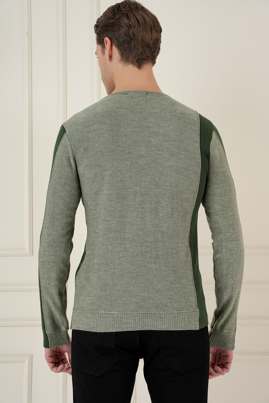 Slim Fit Yandan Ribana Modelli Haki Bisiklet Yaka Triko Kazak TR 871