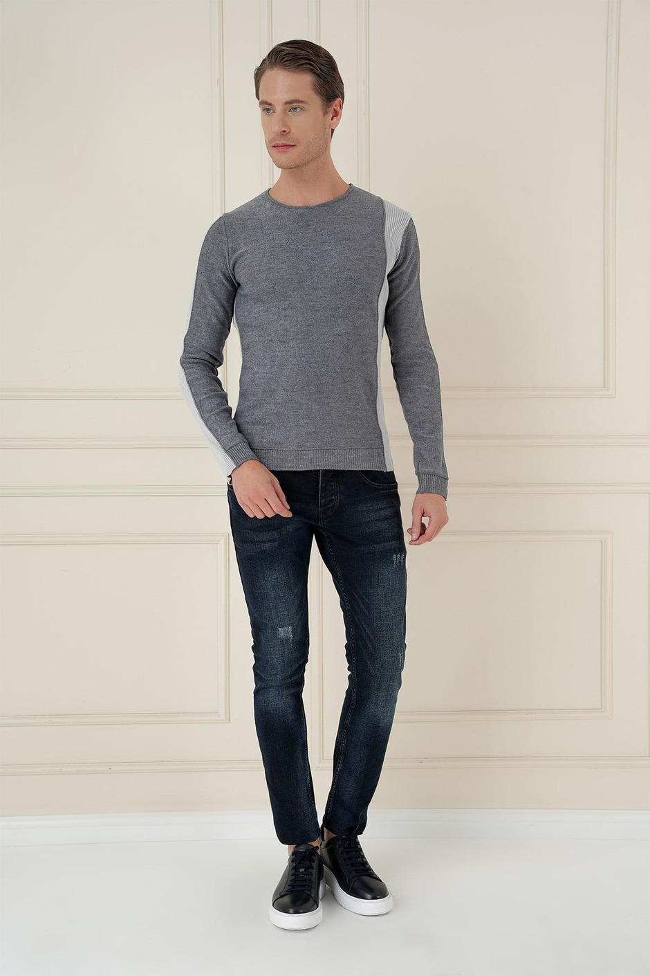 Slim Fit Yandan Ribana Modelli İndigo Bisiklet Yaka Triko Kazak TR 871
