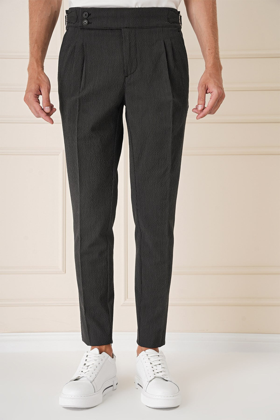 Slim Fit Yandan Tokalı Çift Pileli Esnek Pamuk Siyah Pantolon P 1160