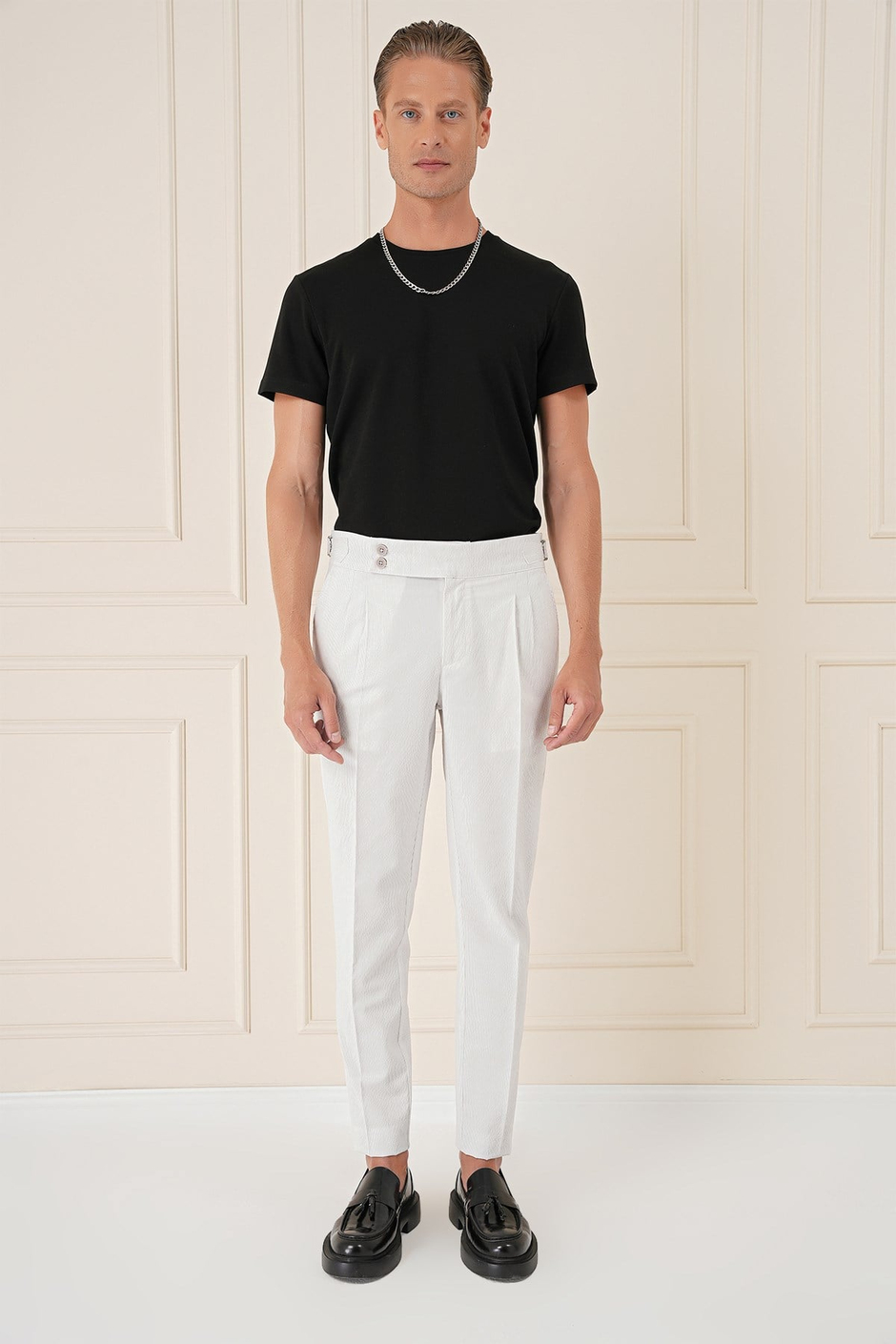 Slim Fit Yandan Tokalı Çift Pileli Esnek Pamuk Taş Pantolon P 1160