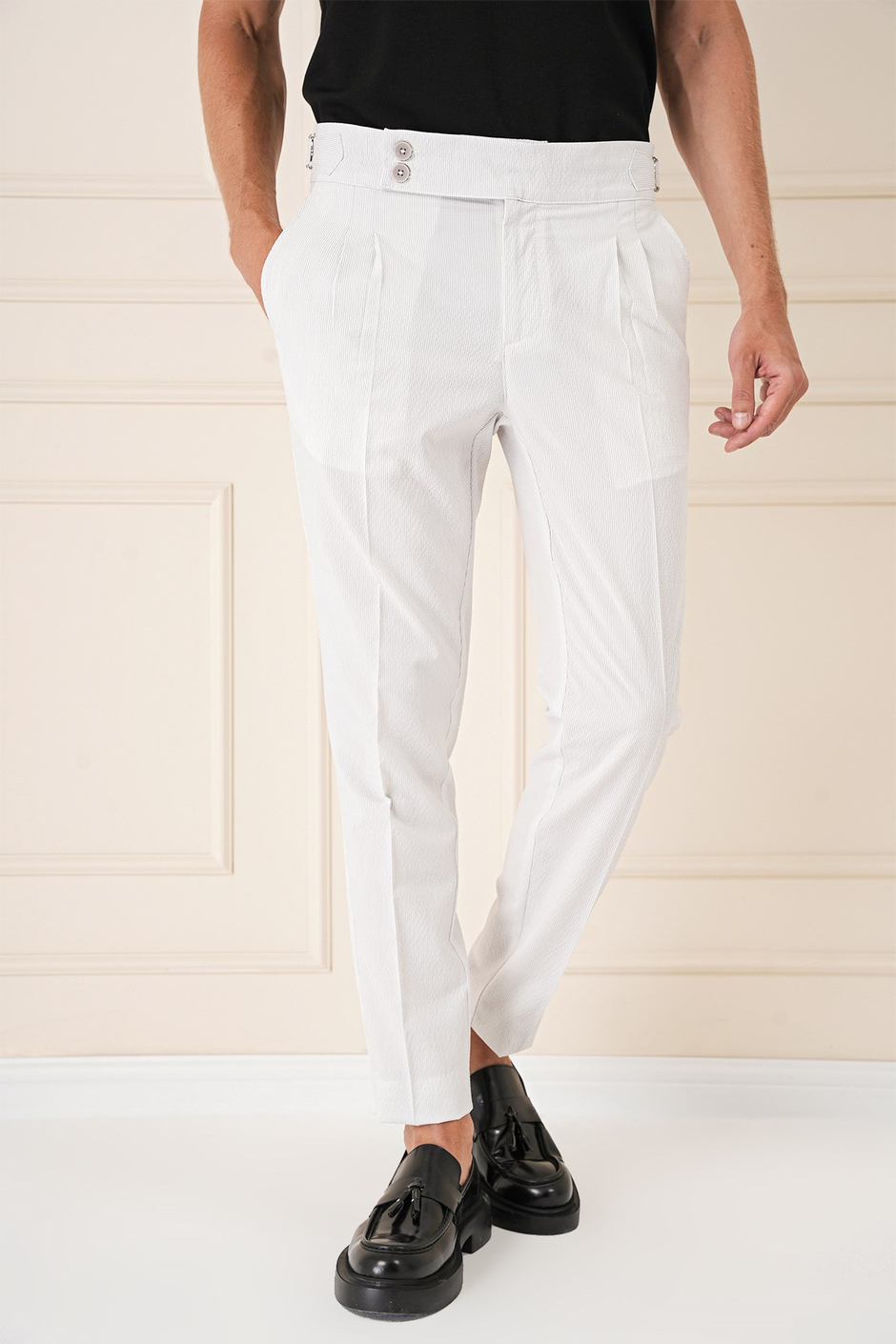 Slim Fit Yandan Tokalı Çift Pileli Esnek Pamuk Taş Pantolon P 1160