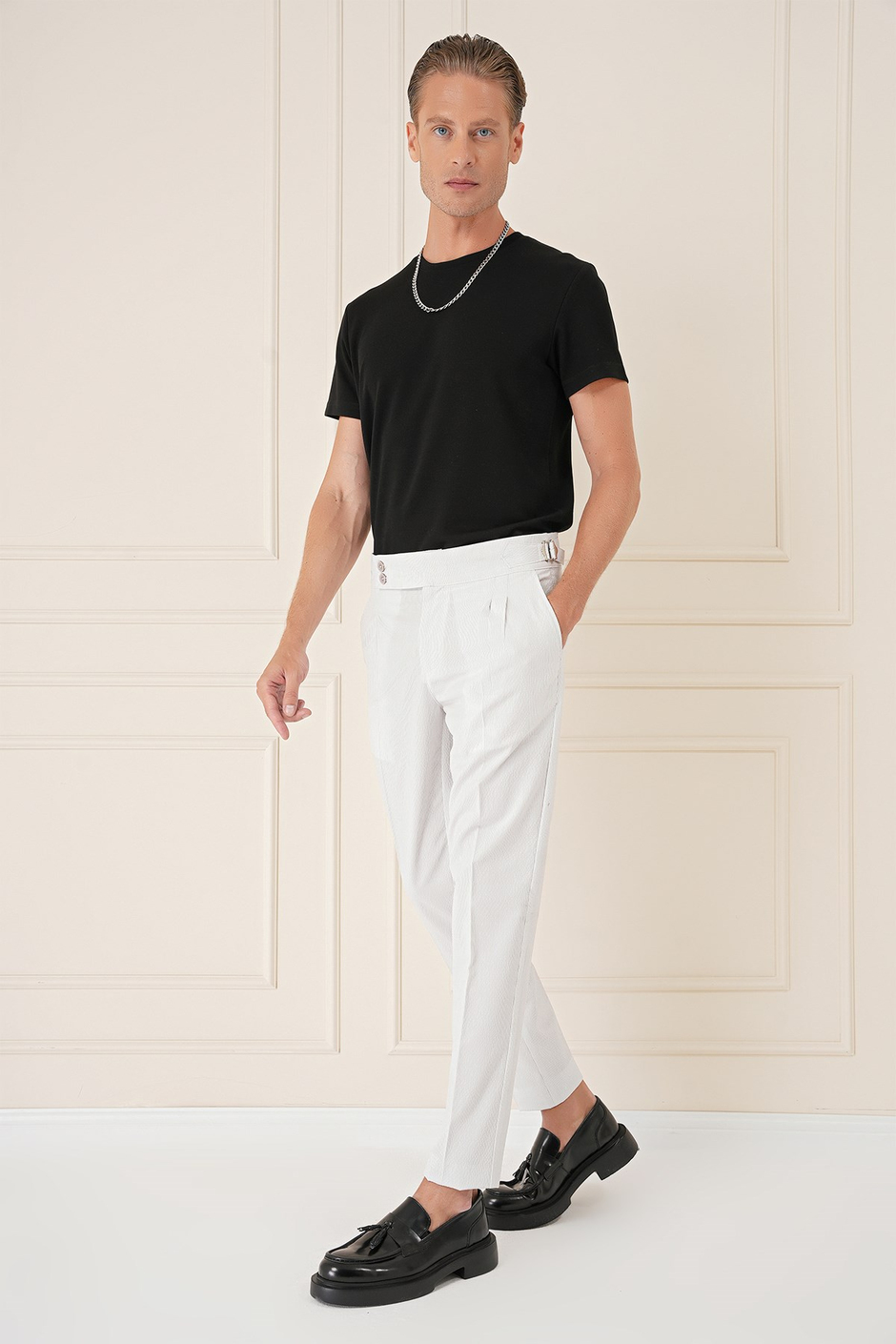 Slim Fit Yandan Tokalı Çift Pileli Esnek Pamuk Taş Pantolon P 1160