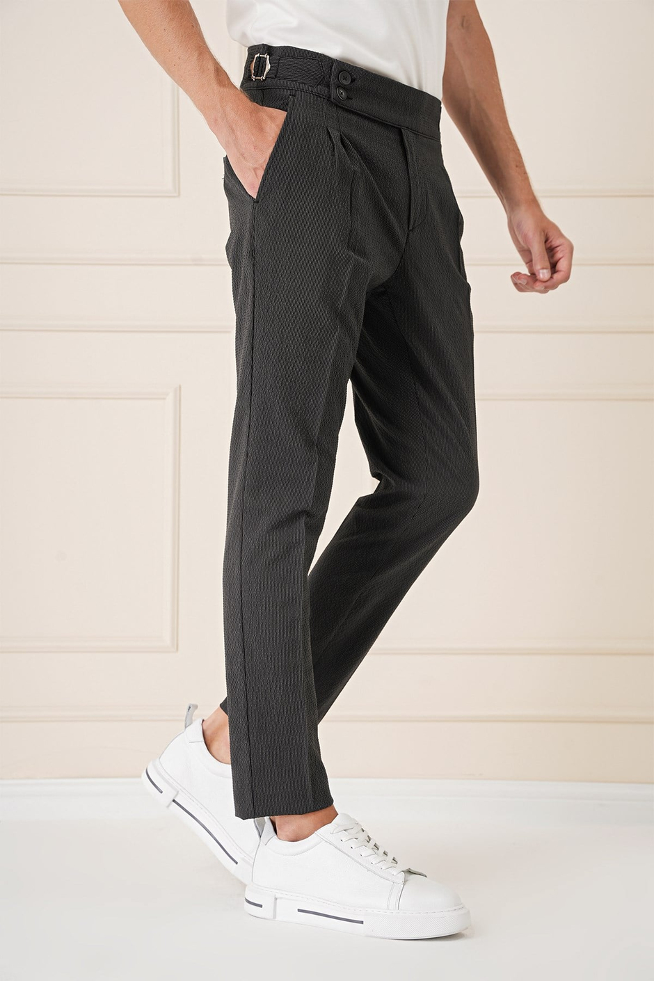 Slim Fit Yandan Tokalı Çift Pileli Esnek Pamuk Siyah Pantolon P 1160
