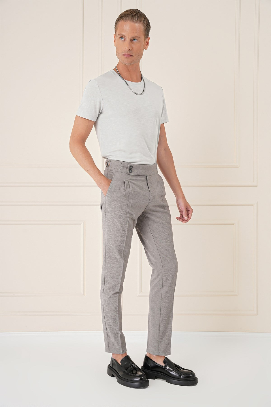 Slim Fit Yandan Tokalı Çift Pileli Esnek Pamuk Gri Pantolon P 1160