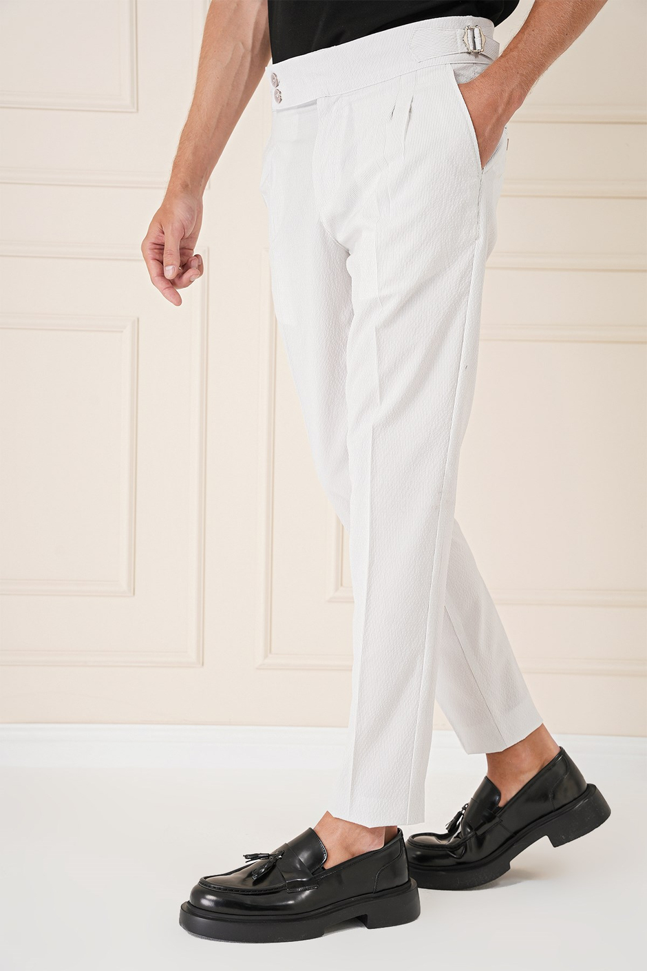Slim Fit Yandan Tokalı Çift Pileli Esnek Pamuk Taş Pantolon P 1160