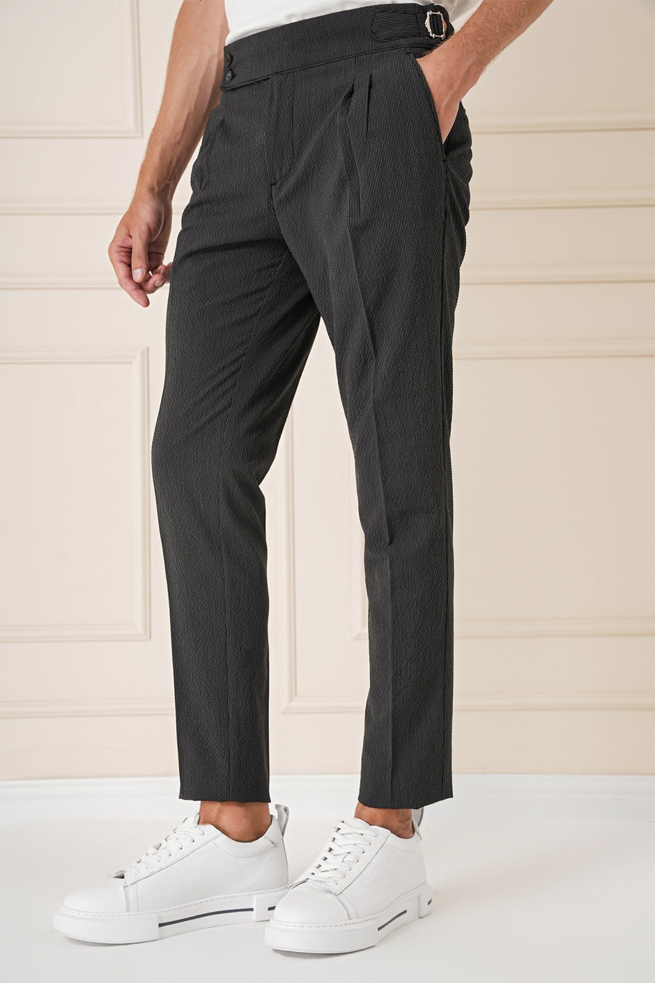 Slim Fit Yandan Tokalı Çift Pileli Esnek Pamuk Siyah Pantolon P 1160