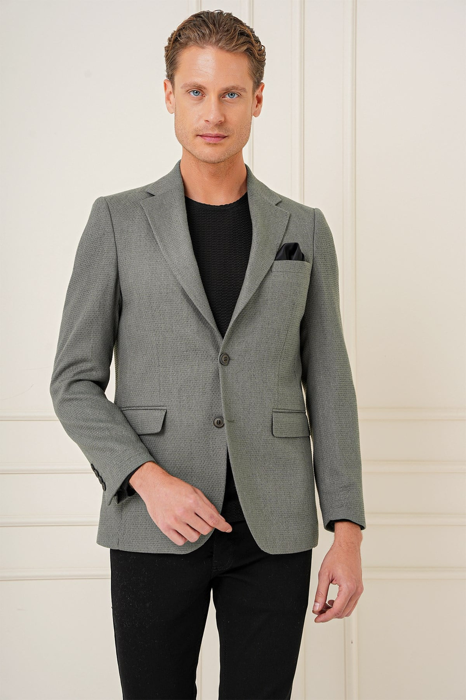 Slim Fit Yünlü Örgü Dokuma Çift Yırtmaç Haki Ceket C 685
